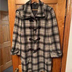 Nautica Black and White Plaid Wool Pea Coat